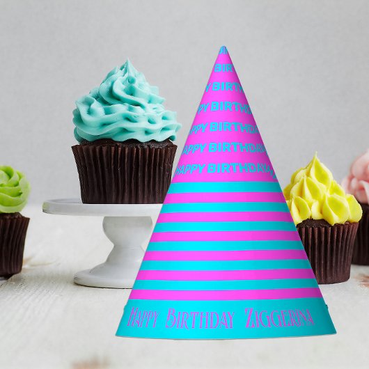ピンク、ティール（緑がかった色）ストライプ誕生日パーティーハット パーティーハット