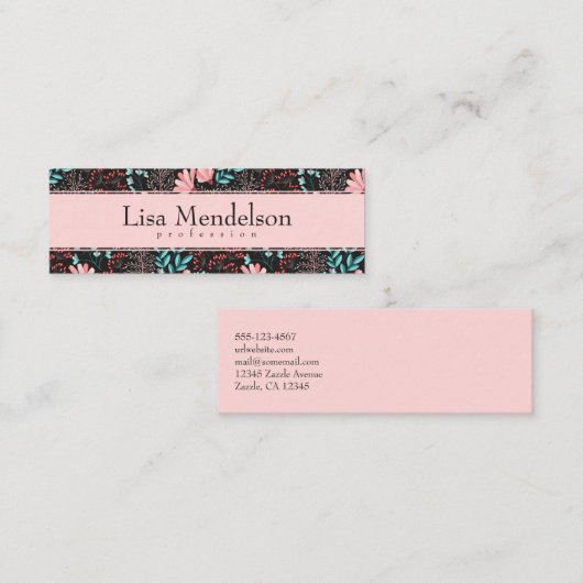 ピンク&ティール（緑がかった色）ダークフローラルパターンビジネス スキニー名刺 (正面/裏面)