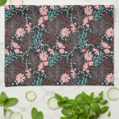 ピンク&ティール（緑がかった色）ダークフローラルパターン キッチンタオル (折り畳み)