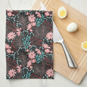ピンク&ティール（緑がかった色）ダークフローラルパターン キッチンタオル (四つ折り)