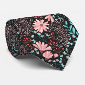 ピンク&ティール（緑がかった色）ダークフローラルパターン ネクタイ (ロール)