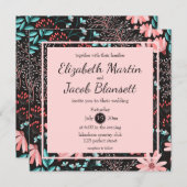 ピンク&ティール（緑がかった色）ダークフローラルパター結婚ン 招待状 (正面/裏面)