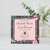 ピンク&ティール（緑がかった色）ダークフローラルパター結婚ン 招待状 (スタンド正面)