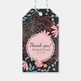 ピンク&ティール(緑がかった色)ダークフローラ結婚ズサンキュー ギフトタグ
