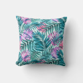 ピンク&ティール（緑がかった色）トロピカルパーム&モンステラ葉ズ クッション (正面)