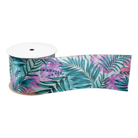 ピンク&ティール(緑がかった色)トロピカルパーム&モンステラ葉ズ サテンリボン (リール)
