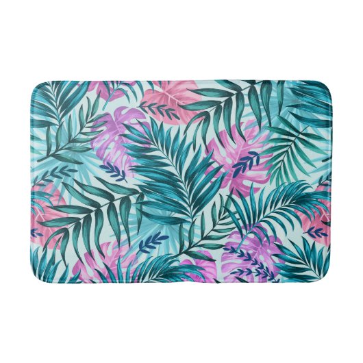 ピンク&ティール（緑がかった色）トロピカルパーム&モンステラ葉ズ バスマット (正面)
