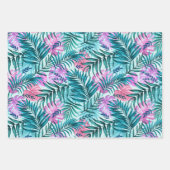 ピンク&ティール（緑がかった色）トロピカルパーム&モンステラ葉ズ ラッピングペーパーシート (正面)