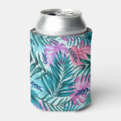 ピンク&ティール（緑がかった色）トロピカルパーム&モンステラ葉ズ 缶クーラー (缶正面)