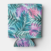 ピンク&ティール（緑がかった色）トロピカルパーム&モンステラ葉ズ 缶クーラー (正面)