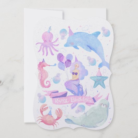 ピンク、ティール（緑がかった色）、パープルウォーター色のマーメイド誕生日 招待状 (裏面)