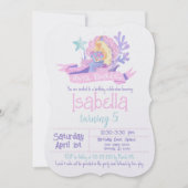 ピンク、ティール（緑がかった色）、パープルウォーター色のマーメイド誕生日 招待状 (正面)