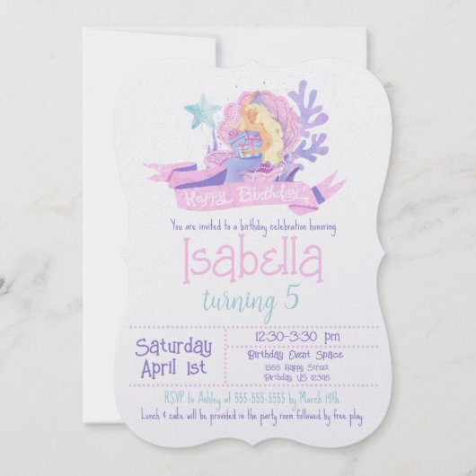 ピンク、ティール（緑がかった色）、パープルウォーター色のマーメイド誕生日 招待状 (正面)