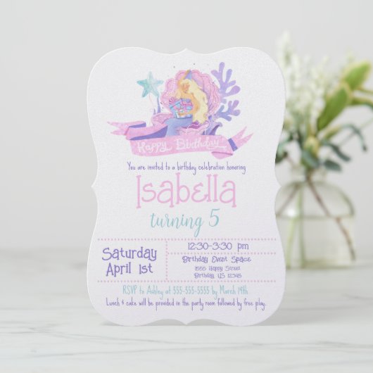ピンク、ティール（緑がかった色）、パープルウォーター色のマーメイド誕生日 招待状 (スタンド正面)