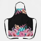 ピンク&ティール(緑がかった色)フローラミディアムオールオーバープリントエプロン エプロン (正面)