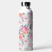 ピンク&ティール（緑がかった色）フローラルパターン ウォーターボトル (左面)