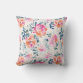 ピンク&ティール（緑がかった色）フローラルパターン クッション (正面)