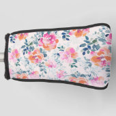 ピンク&ティール（緑がかった色）フローラルパターン ゴルフヘッドカバー (正面)