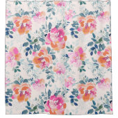 ピンク&ティール（緑がかった色）フローラルパターン シャワーカーテン (正面)