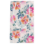 ピンク&ティール（緑がかった色）フローラルパターン スモールペーパーバッグ (正面)