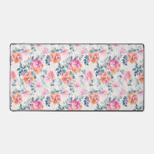 ピンク&ティール（緑がかった色）フローラルパターン デスクマット (正面)