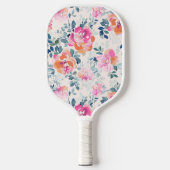 ピンク&ティール（緑がかった色）フローラルパターン ピックルボールラケット (正面)