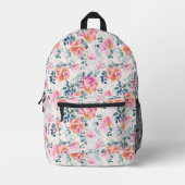ピンク&ティール（緑がかった色）フローラルパターン プリントバックパック (正面)