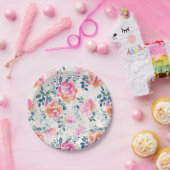 ピンク&ティール（緑がかった色）フローラルパターン ペーパープレート (パーティー)