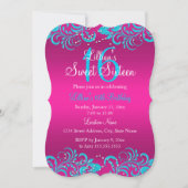 ピンク&ティール（緑がかった色）ブライトフローラスワールスウィート16招待状 招待状 (正面)