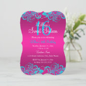 ピンク&ティール（緑がかった色）ブライトフローラスワールスウィート16招待状 招待状 (スタンド正面)