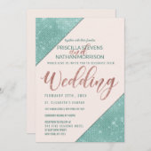 ピンク&ティール（緑がかった色）ブルーフェイクグリッターセク結婚インズ 招待状 (正面/裏面)