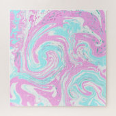 ピンク、ティール(緑がかった色)ブルー渦巻き大理石の流体アート ジグソーパズル (横)