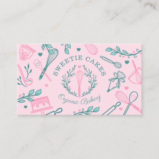ピンク&ティール(緑がかった色)ベーキング&料理用具ベーカリー 名刺 (正面)