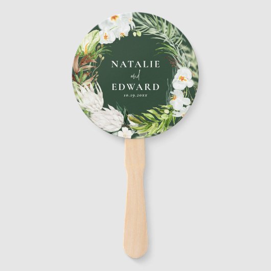 ピンク、ティール(緑がかった色)+ラン熱帯フローラ結婚ズ ハンドファン (正面)