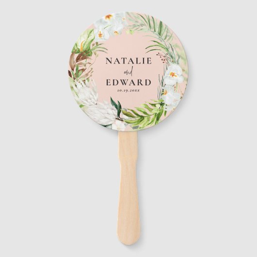 ピンク、ティール(緑がかった色)+ラン熱帯フローラ結婚ズ ハンドファン (正面)