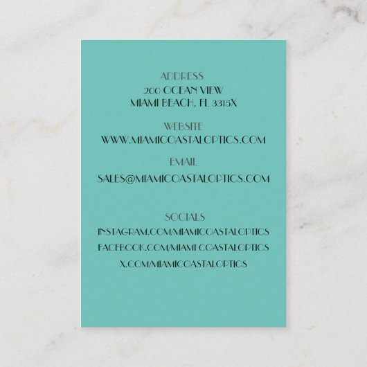 ピンク&ティール（緑がかった色）レトロ80'sマイアミサングラス 名刺 (裏面)