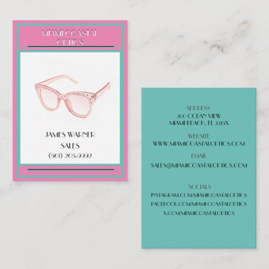 ピンク&ティール（緑がかった色）レトロ80'sマイアミサングラス 名刺 (正面/裏面)