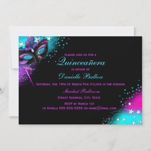 ピンク&ティール（緑がかった色）仮装キンセアニェラ招待状 招待状 (裏面)