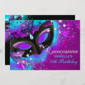 ピンク&ティール(緑がかった色)仮装キンセアニェラ招待状 招待状 (正面/裏面)