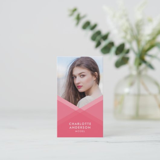 ピンク&ティール（緑がかった色）層幾何ソーシャルメディア写真 名刺 (スタンド正面)