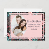 ピンク&ティール（緑がかった色）濃色フローラ写真保存日時 ポストカード (正面/裏面)