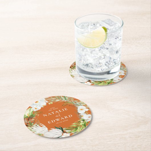 ピンク、ティール(緑がかった色)+蘭の熱帯フローラの日付を保存 ラウンドペーパーコースター (インサイチュ)