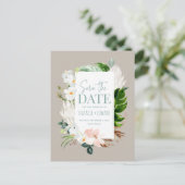 ピンク、ティール（緑がかった色）+蘭の熱帯フローラの日付を保存 案内ポストカード (スタンド正面)