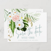 ピンク、ティール（緑がかった色）+蘭の熱帯フローラの日付を保存 案内ポストカード (正面/裏面)