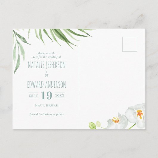 ピンク、ティール(緑がかった色)+蘭の熱帯フローラの日付を保存 案内ポストカード (裏面)