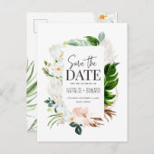 ピンク、ティール（緑がかった色）+蘭の熱帯フローラの日付を保存 案内ポストカード (正面/裏面)