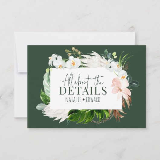 ピンク、ティール(緑がかった色)+蘭の熱帯フローラエンクロージャカード セーブザデート (正面)