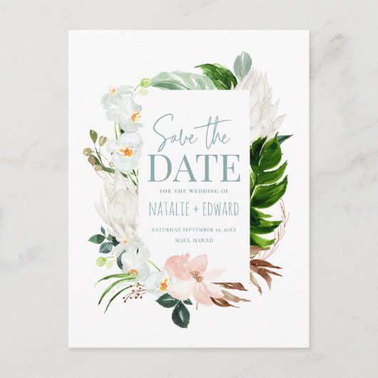 ピンク、ティール(緑がかった色)+蘭の熱帯フローラ写真 案内ポストカード (正面)