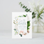 ピンク、ティール(緑がかった色)+蘭の熱帯フローラ写真 案内ポストカード (スタンド正面)