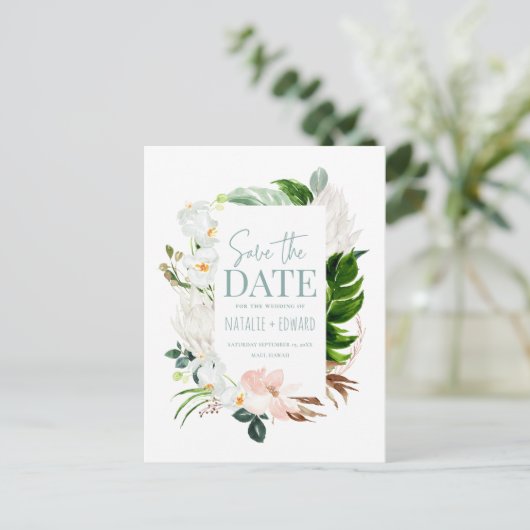 ピンク、ティール（緑がかった色）+蘭の熱帯フローラ写真 案内ポストカード (スタンド正面)